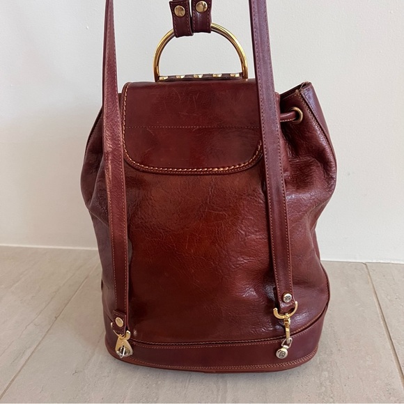 Marino Orlandi Cognac Leather Drawstring Bucket Sling Bag Backpack - Picture 7 of 16